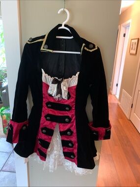 Black & Fuchsia Velvet Military-Inspired Women's Pirate Coat Costume